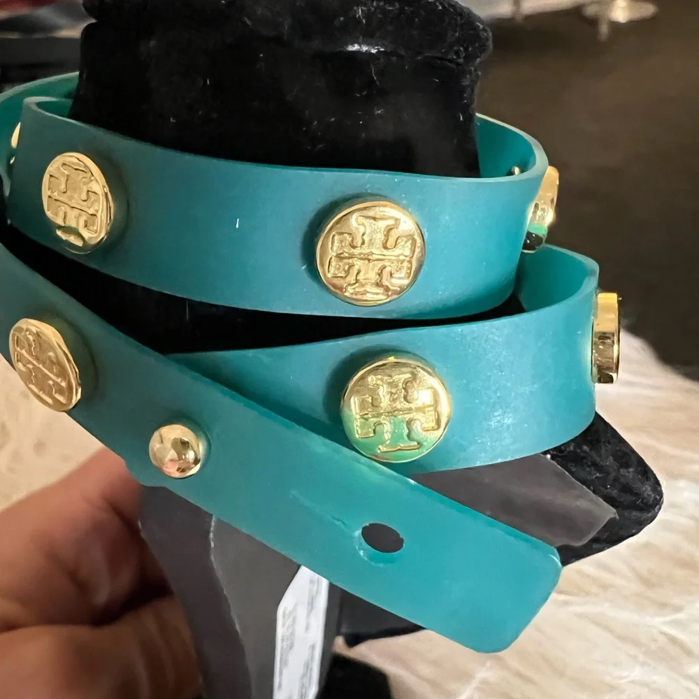 Tory Burch Logo Studded Jelly Wrap Turquoise Bracelet